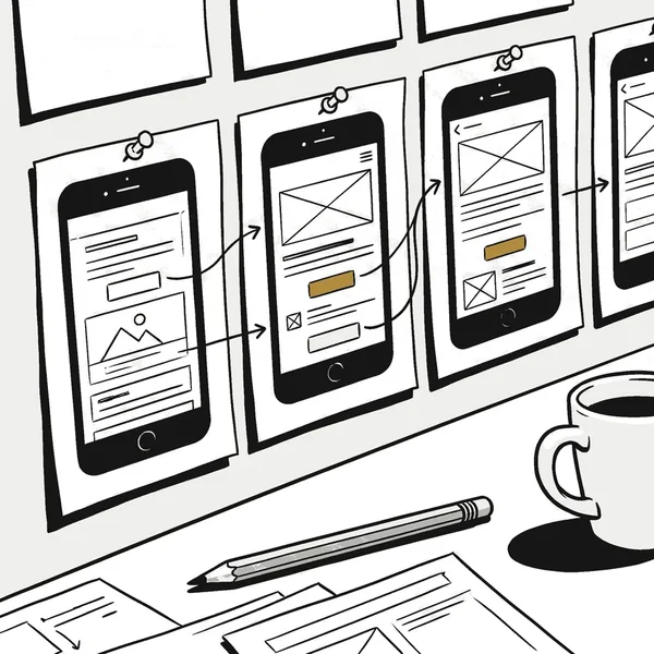 Bozzetti di un'app su fogli appesi, collegati da frecce, con matita e caffè