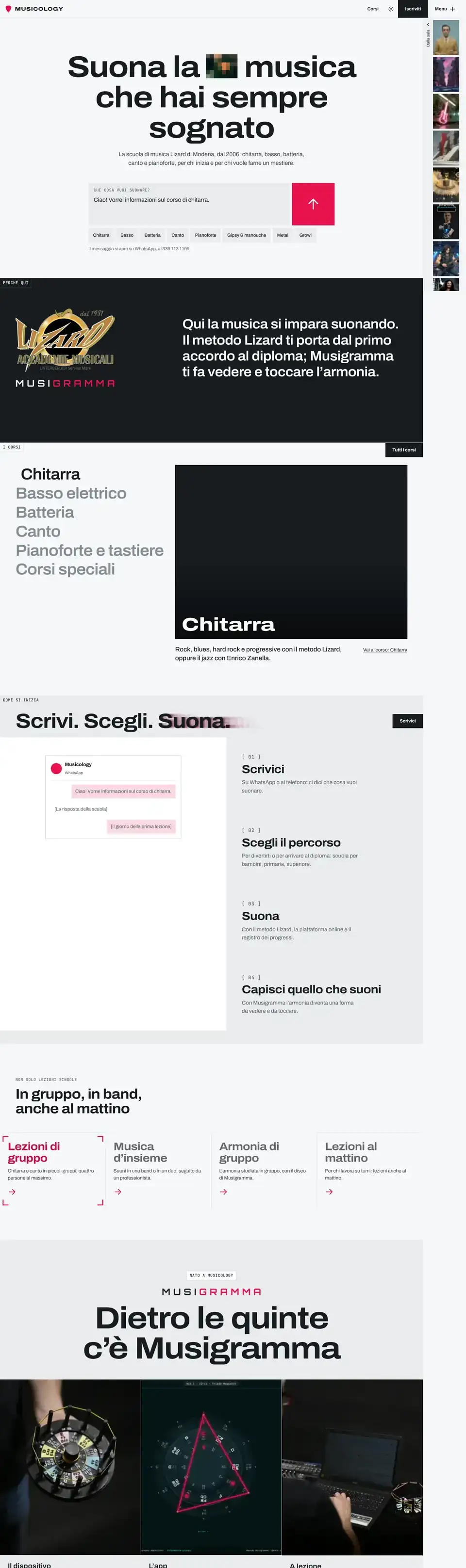 La home di Musicology da computer: il titolo, il messaggio da mandare su WhatsApp, i corsi con le foto a retino.