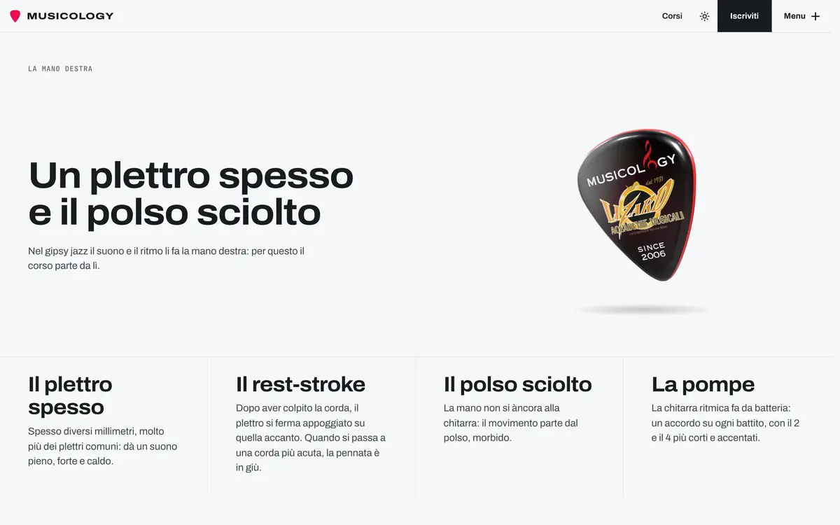 Il plettro di Musicology in 3D accanto al titolo Un plettro spesso e il polso sciolto.