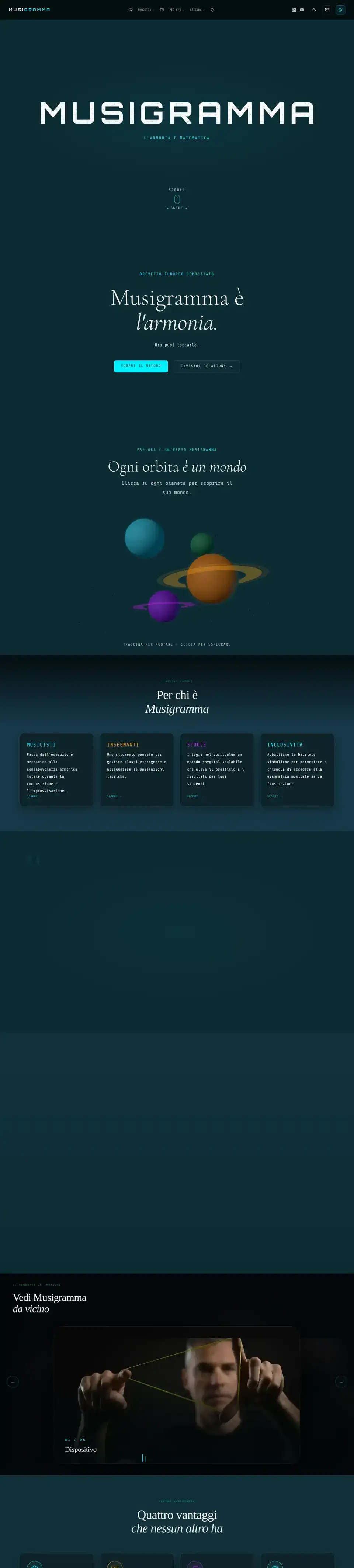 La home di Musigramma da computer, su fondo scuro: la scritta MUSIGRAMMA e le sezioni del metodo.