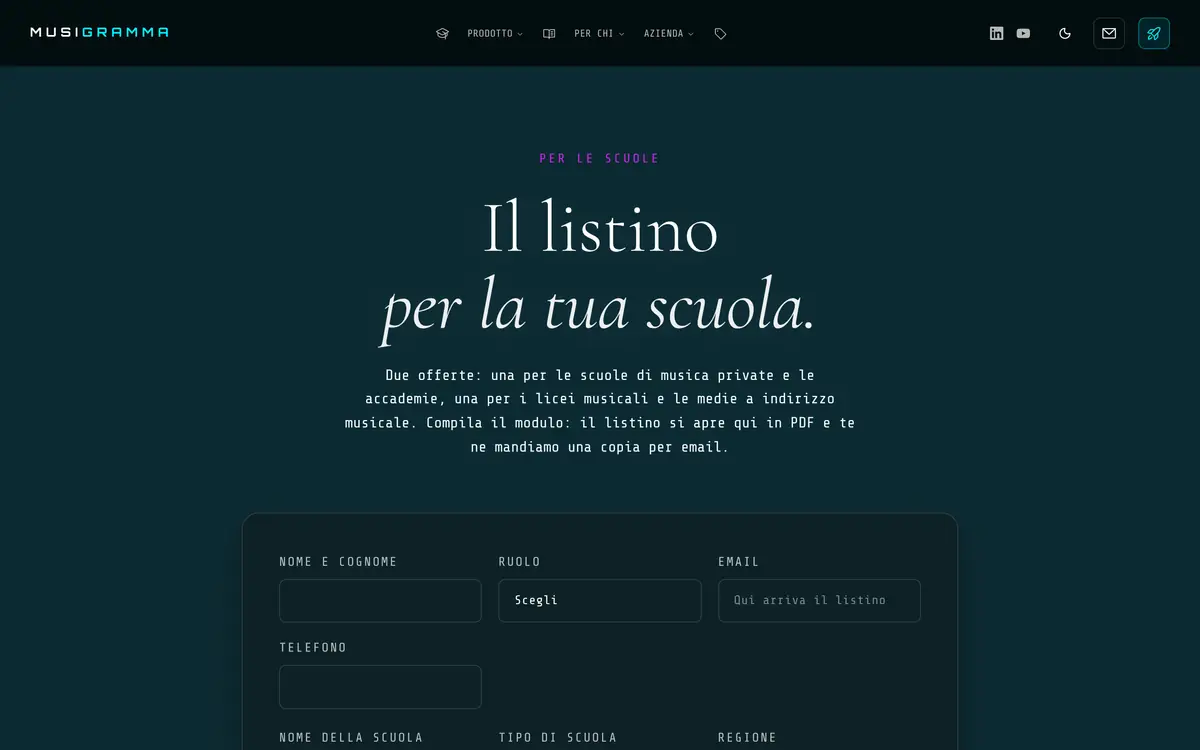 Il modulo del listino per la tua scuola: nome, ruolo, email, nome della scuola.